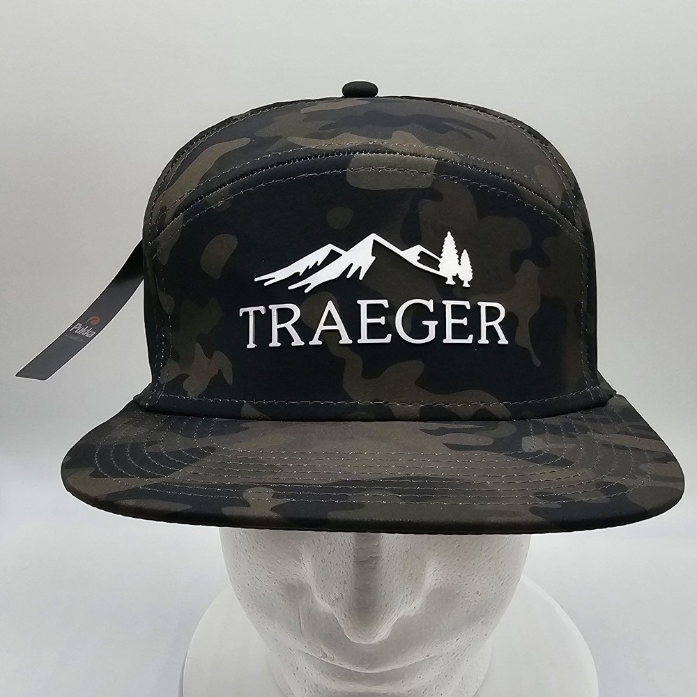 Traeger Wood Fired Grill Hat Cap 5 Panel Snapback Camo Green Black Adjustable